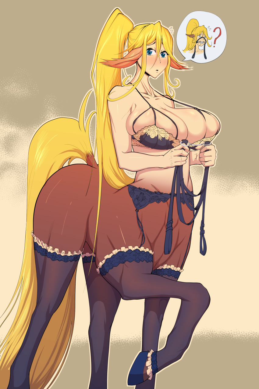 absurd_res bakuhaku big_breasts blonde_hair blue_eyes blush bra breasts centorea_shianus_(monster_musume) clothing equid equid_taur equine equine_taur female garter_belt garter_straps hair hi_res legwear lingerie looking_at_viewer mammal mammal_taur monster_musume solo taur thigh_highs underwear