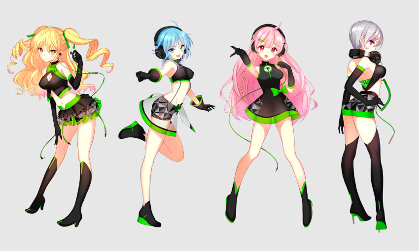 4girls :d ahoge ass bangs bare_shoulders black_dress black_footwear black_gloves black_legwear black_shirt black_skirt blonde_hair blue_eyes blue_hair blush boots braid breasts cable closed_mouth commentary_request crop_top dress earbuds earphones elbow_gloves eyebrows_visible_through_hair gloves green_ribbon grey_background grey_shorts grey_skirt groin hair_between_eyes hair_ornament hair_ribbon hairclip hand_on_own_thigh high_heel_boots high_heels holding_earphone knee_boots long_hair medium_breasts midriff multiple_girls navel open_mouth original outstretched_arm pink_hair pleated_skirt purple_eyes razer red_eyes ribbon see-through see-through_silhouette shirt short_dress short_hair short_shorts shorts silver_hair simple_background single_braid skirt sleeveless sleeveless_dress sleeveless_shirt smile standing standing_on_one_leg thigh_boots thighhighs tsukigami_runa two_side_up very_long_hair