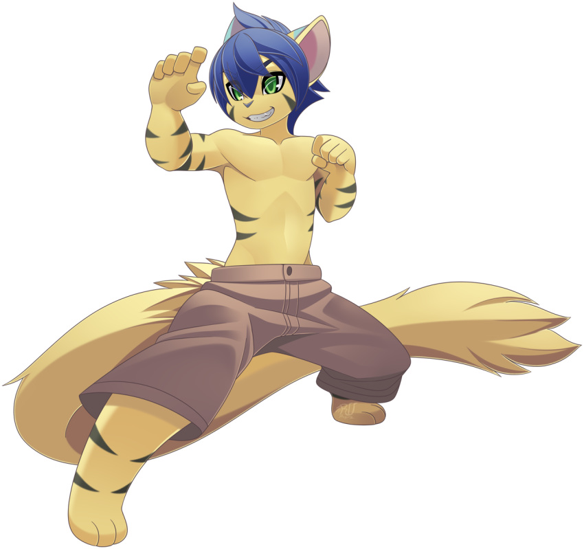 2019 5_fingers alpha_channel anthro blue_hair clothed clothing digital_media_(artwork) green_eyes hair hi_res hybrid lutrine male mammal mustelid phation simple_background smile solo standing topless transparent_background