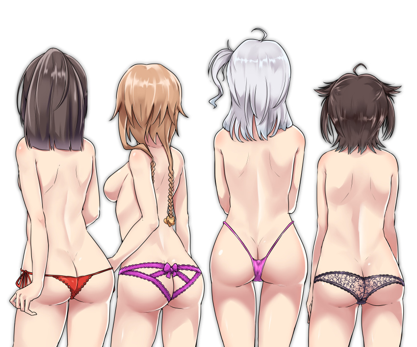 4girls absurdres ahoge akizuki_(kantai_collection) ass back black_hair black_panties braid breasts brown_hair butt_crack commentary_request facing_away from_behind hair_flaps hair_ornament hatsuzuki_(kantai_collection) highleg highleg_panties highres kantai_collection kiritto lace lace_panties long_hair medium_breasts multiple_girls one_side_up panties ponytail propeller_hair_ornament purple_panties red_panties short_hair shoulder_blades side-tie_panties silver_hair simple_background suzutsuki_(kantai_collection) teruzuki_(kantai_collection) thong topless twin_braids underwear white_background