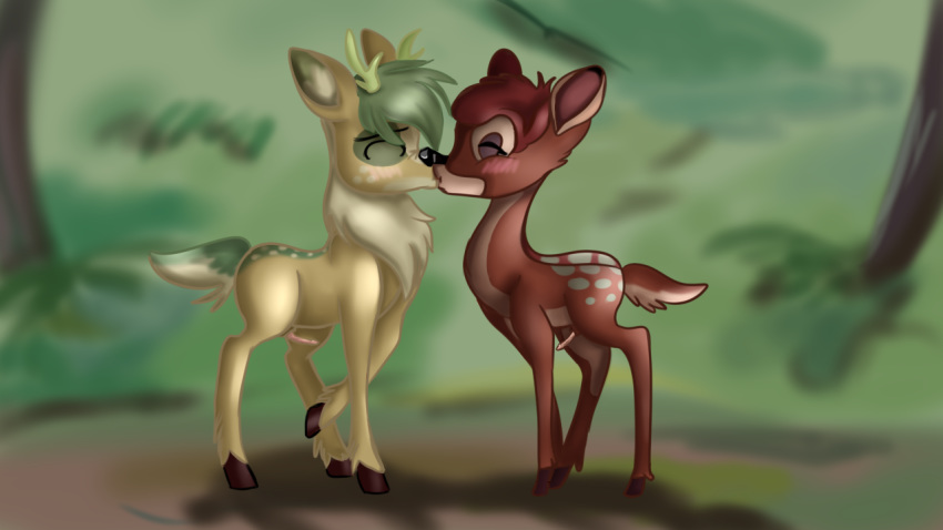 16:9 bambi bambi_(film) cervid disney erection fan_character forest jacky_breeze jbond kissing male male/male mammal penis tree young