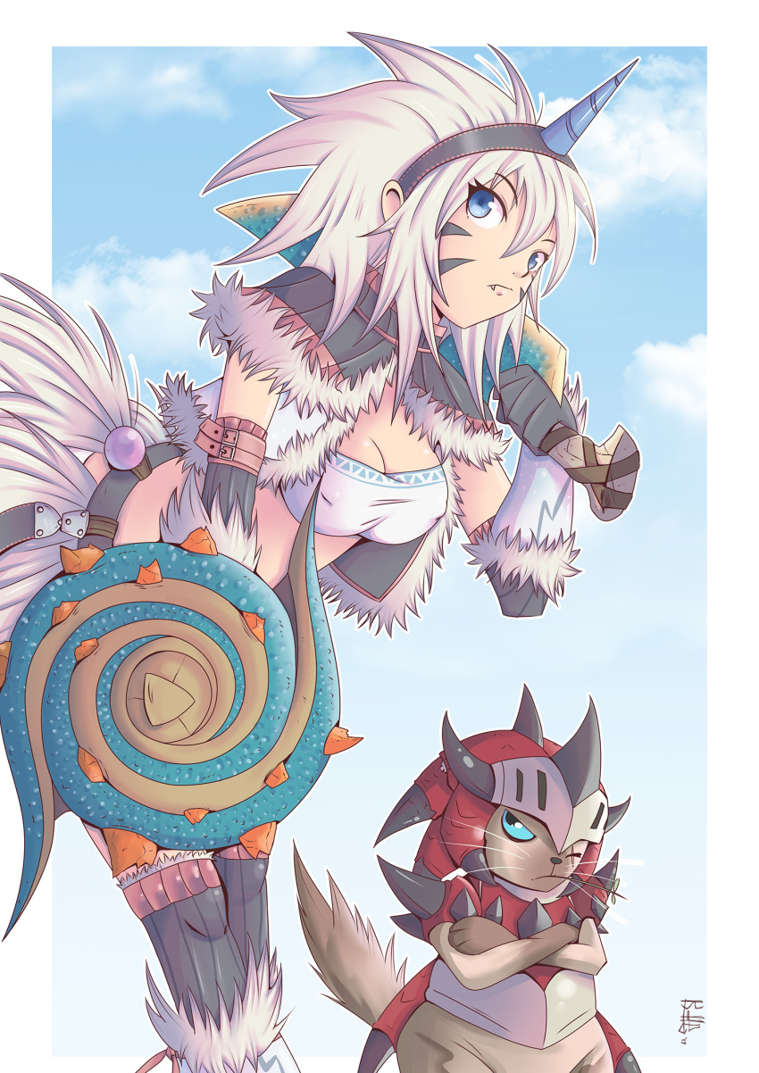 1girl angry armor bandeau bent_over black_gloves blue_eyes breasts cat cleavage covered_nipples facepaint fang fang_out felyne fur_trim glaring gloves hairband highres horn kirin_(armor) medium_breasts midriff monster_hunter over_shoulder papermoon92 rathalos_(armor) scar scar_across_eye shield sideways_glance sky strapless sword thighhighs weapon weapon_over_shoulder white_hair