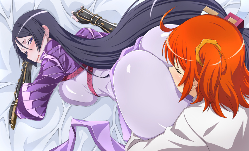 2girls ahoge ass black_hair blush bodysuit bracer breasts face_in_ass fate/grand_order fate_(series) fujimaru_ritsuka_(female) goridou highres large_breasts long_hair minamoto_no_raikou_(fate/grand_order) multiple_girls open_mouth orange_hair purple_eyes side_ponytail sweat very_long_hair yuri