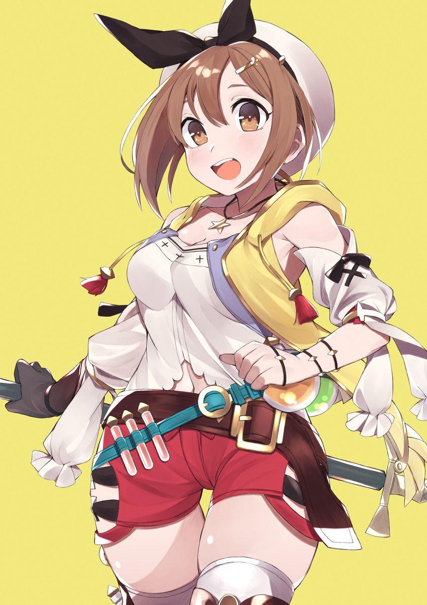 1girl :d absurdres atelier_(series) atelier_ryza bangs belt belt_buckle beret blue_belt blush breasts brown_belt brown_eyes brown_gloves brown_hair buckle cleavage detached_sleeves gloves hair_between_eyes hair_ornament hairclip hat highres holding jewelry kamekiti leather leather_belt leather_gloves looking_at_viewer medium_breasts navel navel_cutout necklace open_mouth red_shorts reisalin_stout round-bottom_flask shirt short_hair shorts simple_background single_glove smile solo star star_necklace tareme teeth thigh_gap thighhighs thighs upper_teeth vial white_headwear white_legwear white_shirt white_sleeves yellow_background