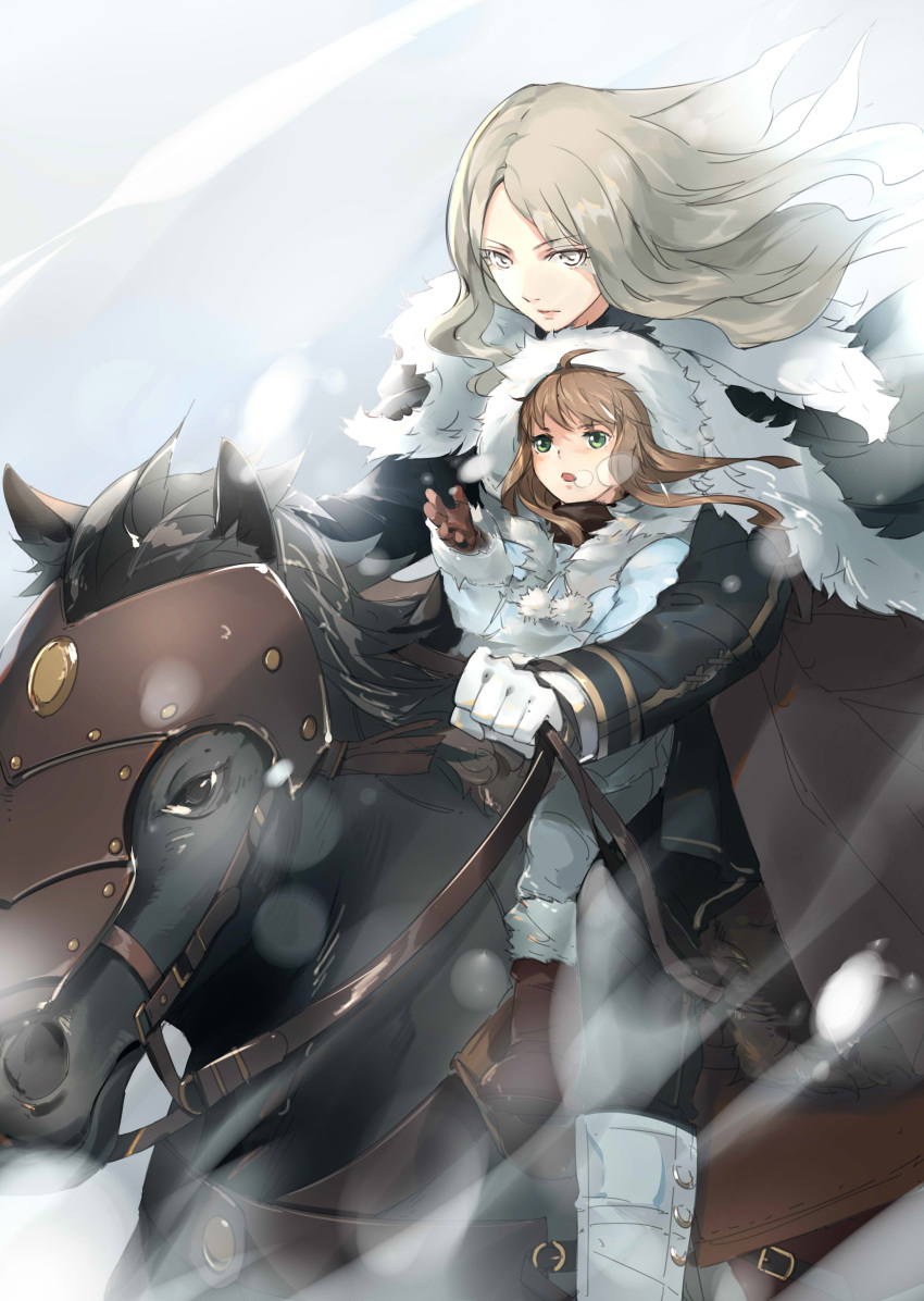 2girls absurdres animal_ears blonde_hair blush brown_gloves brown_hair clare_(claymore) claymore fur_trim gloves green_eyes highres holding_reins horse horse_ears horseback_riding kumako_(pixiv4171671) long_hair multiple_girls open_mouth reins riding silver_eyes teresa_(claymore) white_background wind wind_lift