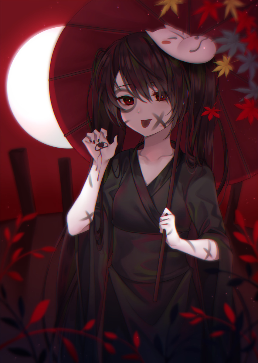 1girl absurdres autumn_leaves bangs black_hair black_kimono black_nails blurry blurry_foreground body_writing chromatic_aberration closed_mouth commentary depth_of_field eyebrows_visible_through_hair facepaint fingernails fox_mask full_moon hair_between_eyes hand_up hatsune_miku highres holding holding_umbrella japanese_clothes kimono leaf long_hair long_sleeves maple_leaf mask mask_on_head moon musunde_hiraite_rasetsu_to_mukuro_(vocaloid) nail_polish obi oriental_umbrella red_eyes red_sky red_umbrella reel37891 sash sky solo tongue tongue_out twintails umbrella very_long_hair vocaloid wide_sleeves