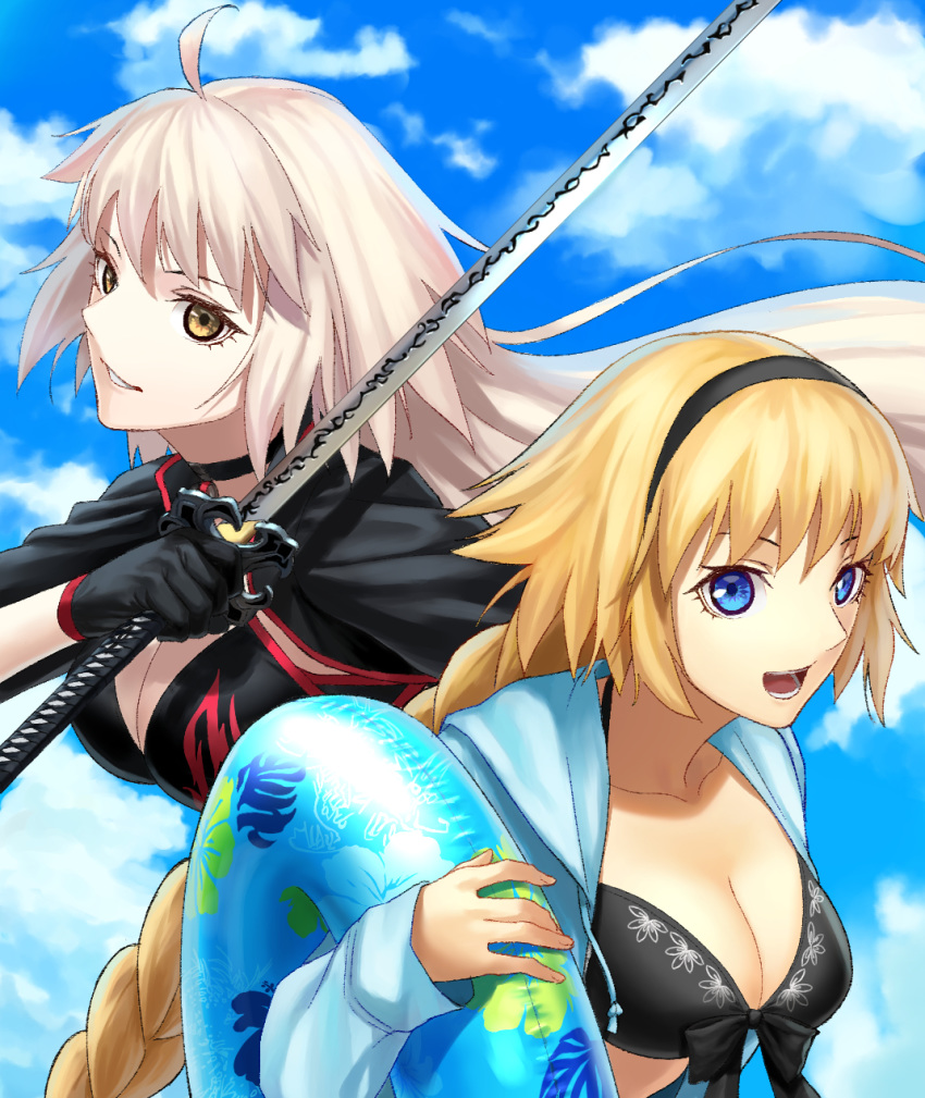2girls :d ahoge bikini black_bikini_top black_bow black_cape black_gloves black_hairband blonde_hair blue_eyes blue_jacket blue_sky bow braided_ponytail breasts cape cleavage cloud day fate/grand_order fate_(series) floating_hair gloves grin hairband halterneck highres holding holding_sword holding_weapon hood hood_down hooded_jacket innertube jacket jeanne_d'arc_(alter_swimsuit_berserker) jeanne_d'arc_(fate)_(all) jeanne_d'arc_(swimsuit_archer) katana large_breasts long_hair multiple_girls open_clothes open_jacket open_mouth outdoors ponytail print_bikini_top silver_hair sky smile swimsuit sword upper_body very_long_hair weapon yellow_eyes zonotaida