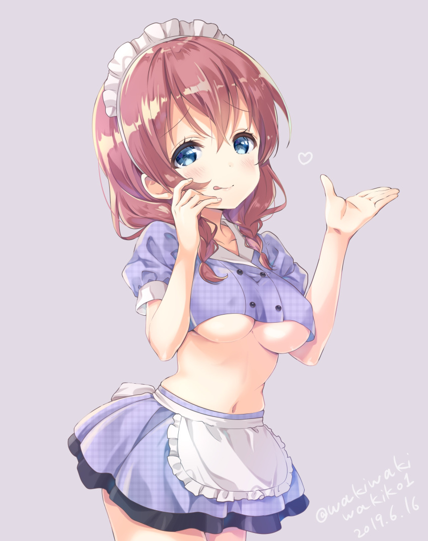 1girl :p absurdres adapted_costume amano_miu apron bangs blend_s blue_eyes blush braid breasts brown_hair closed_mouth collarbone commentary_request crop_top dated eyebrows_visible_through_hair fingernails frilled_apron frills grey_background hair_between_eyes hands_up heart highres large_breasts long_hair maid_headdress navel neki_(wakiko) plaid plaid_shirt plaid_skirt purple_shirt purple_skirt shirt simple_background skirt smile solo stile_uniform tongue tongue_out twin_braids twitter_username underboob uniform unmoving_pattern waist_apron white_apron