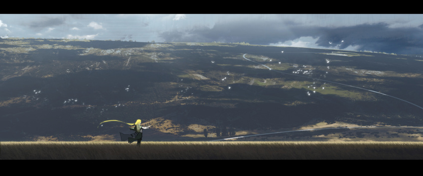 1girl asuteroid backpack bag bird blonde_hair cloud cloudy_sky day from_side grass highres iris_(asuteroid) long_hair original outdoors scenery sky solo standing very_long_hair very_wide_shot