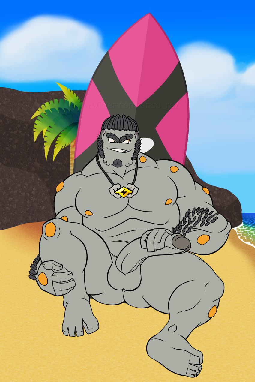 2019 abs absurd_res alolan_graveler alternate_species anso/rez arm_hair balls beach biceps big_balls big_penis butt cloud digital_media_(artwork) electrium-z eyebrows facial_hair goatee half-erect hand_on_penis hi_res humanoid humanoid_penis humanoidized jewelry male mineral_fauna muscular muscular_male necklace nintendo not_furry nude outside palmtree pecs penis pok&eacute;mon pok&eacute;mon_(species) pok&eacute;morph regional_variant rock sea seaside sideburns sitting sky smile solo spreading surfboard teeth thick_eyebrows toes uncut video_games water yellow_eyes z-crystal