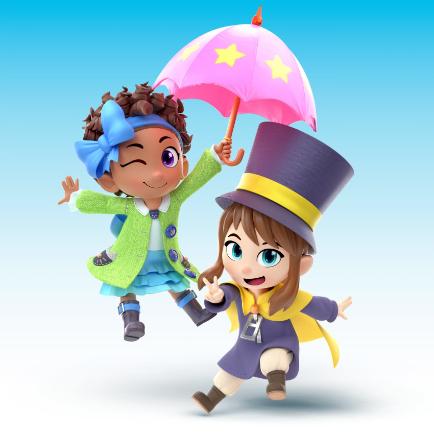 2girls 3d 3d_(artwork) a_hat_in_time backpack blue_eyes blush boots bow bow_kid brown_hair buttons cape clothed clothing dark-skinned_female dark_skin dark_skinned_female dress dress_shirt duo duo_focus eyebrows eyelashes female female_focus hair hair_bow hair_ornament hair_ribbon happy hat hat_kid highres holding holding_object human looking_at_viewer official_art one_eye_closed open_mouth parasol pose purple_eyes shoes skirt smile tongue top_hat v video_games wink zipper zipper_pull_tab