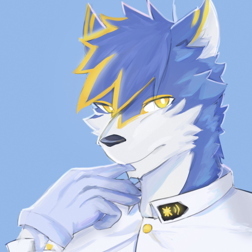 1:1 2019 absurd_res agonylight anthro black_nose blonde_hair blue_fur canid canine canis clothing fur gloves hair handwear headshot hi_res male mammal portrait profile simple_background solo uniform white_fur wolf yellow_eyes yellow_fur