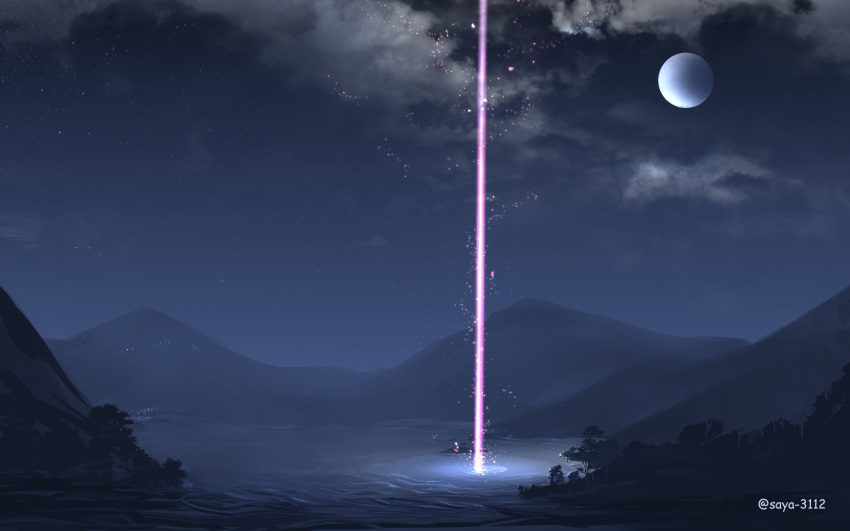 beam dark fantasy lake landscape light_particles moon mountain night night_sky no_humans original saya_(pixiv6311273) sky star_(sky) tree twitter_username