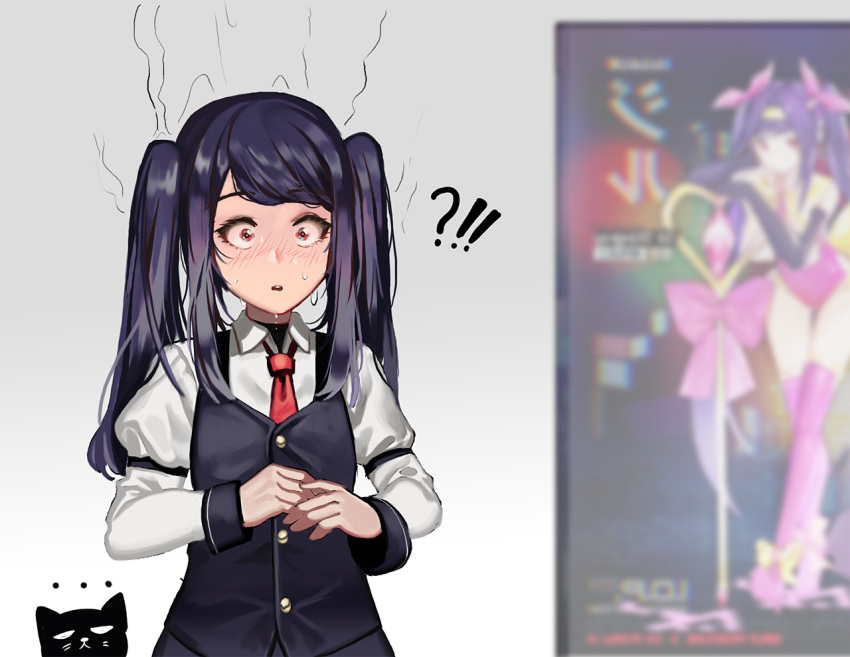 1girl ?!! alternate_costume bangs blush collared_shirt commentary_request ihobus jill_stingray long_hair long_sleeves necktie purple_hair purple_vest red_eyes red_neckwear shirt sidelocks sweat swept_bangs twintails va-11_hall-a vest white_shirt xiao_chichi