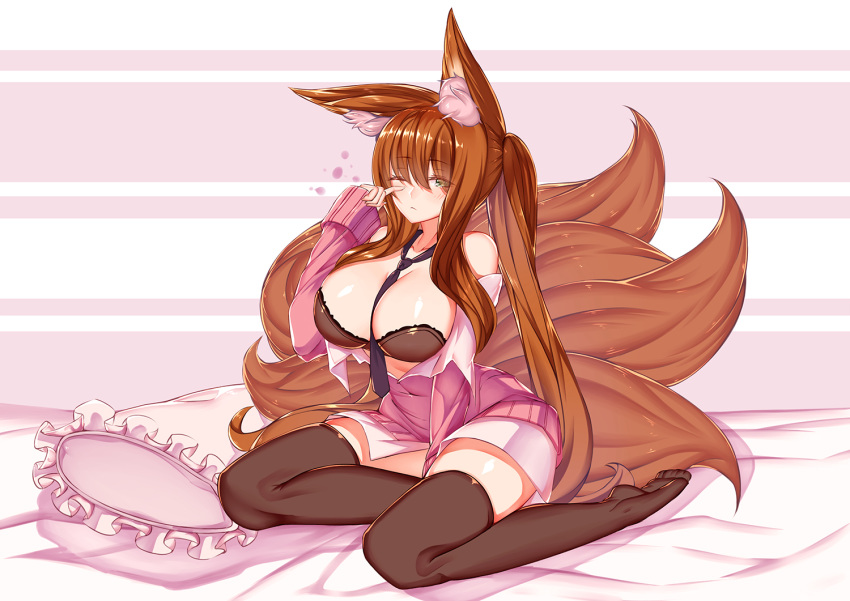 1girl animal_ear_fluff animal_ears bed_sheet black_legwear blush bra breasts brown_hair cleavage commission esg_(essagna) fox_ears fox_girl fox_tail green_eyes large_breasts long_hair looking_at_viewer lying multiple_tails necktie on_back one_eye_closed open_clothes original pillow pink_cardigan plushmallow sleepy solo tail thighhighs twintails underwear