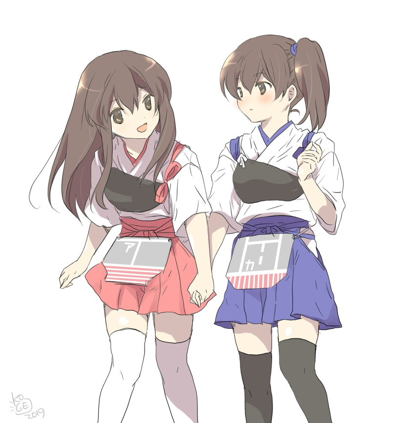 2girls akagi_(kantai_collection) apron black_legwear blue_skirt brown_eyes brown_hair cowboy_shot hakama_skirt highres holding_hands kaga_(kantai_collection) kantai_collection koge_donbo long_hair looking_at_another multiple_girls muneate red_skirt side_ponytail simple_background skirt straight_hair tasuki thighhighs white_background white_legwear