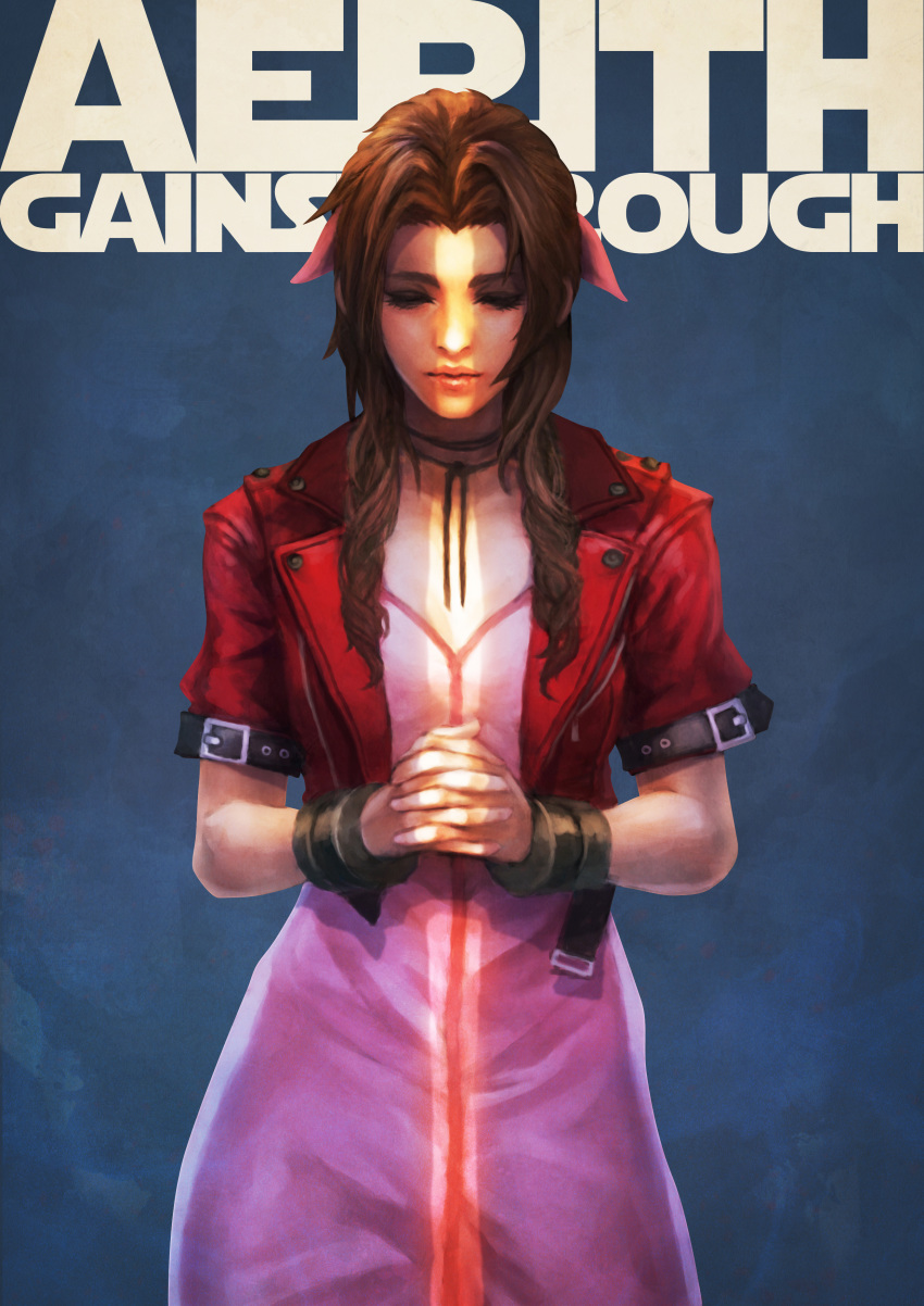 1girl absurdres aerith_gainsborough blue_background bow brown_hair character_name choker closed_eyes commentary cropped_jacket dress english_commentary facing_viewer final_fantasy final_fantasy_vii final_fantasy_vii_remake hands_clasped highres jacket lips long_dress long_hair monori_rogue nose own_hands_together pink_bow pink_dress praying red_jacket ribbon_choker solo standing wristband