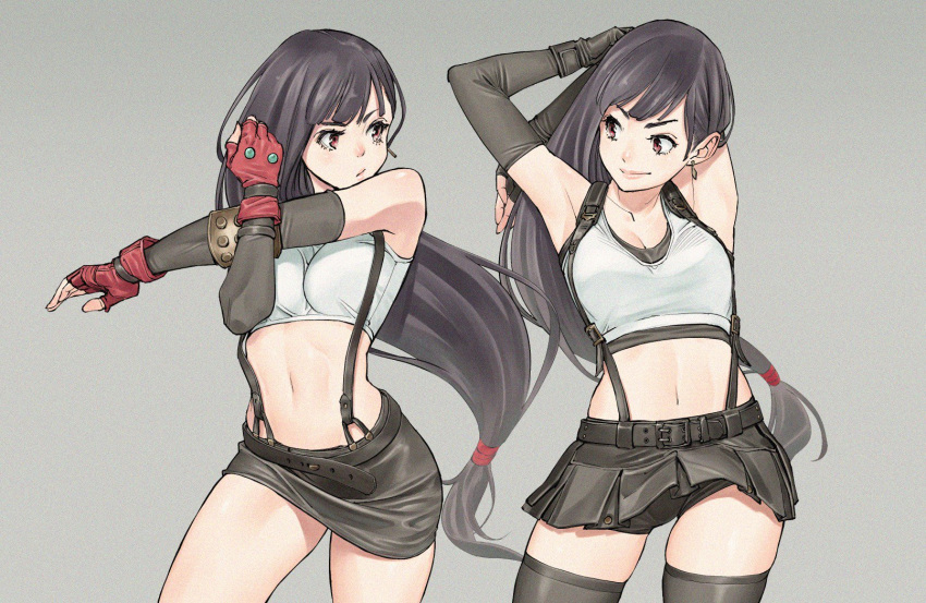 1girl armpits arms_behind_head bare_shoulders black_gloves black_hair black_skirt black_tank_top breasts brown_eyes closed_mouth commentary_request comparison earrings elbow_gloves eye_contact final_fantasy final_fantasy_vii final_fantasy_vii_remake fingerless_gloves gloves highres jewelry large_breasts long_hair looking_at_another low-tied_long_hair low_tied_hair midriff miniskirt navel red_gloves shinya_komi shirt shorts shorts_under_skirt skirt smile smirk stretch suspender_skirt suspenders tank_top taut_clothes taut_shirt thighhighs thighs tifa_lockhart white_tank_top zettai_ryouiki