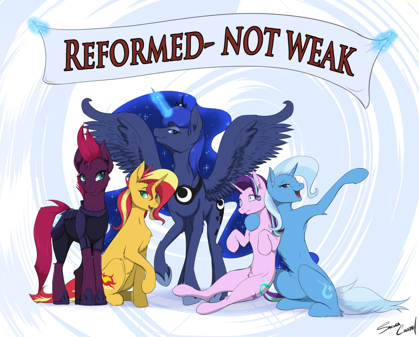 2019 banner cutie_mark english_text equestria_girls equid female feral friendship_is_magic group hi_res horn looking_at_viewer magic mammal my_little_pony princess_luna_(mlp) sakuracheetah sitting starlight_glimmer_(mlp) sunset_shimmer_(eg) tempest_shadow_(mlp) text trixie_(mlp) unicorn winged_unicorn wings