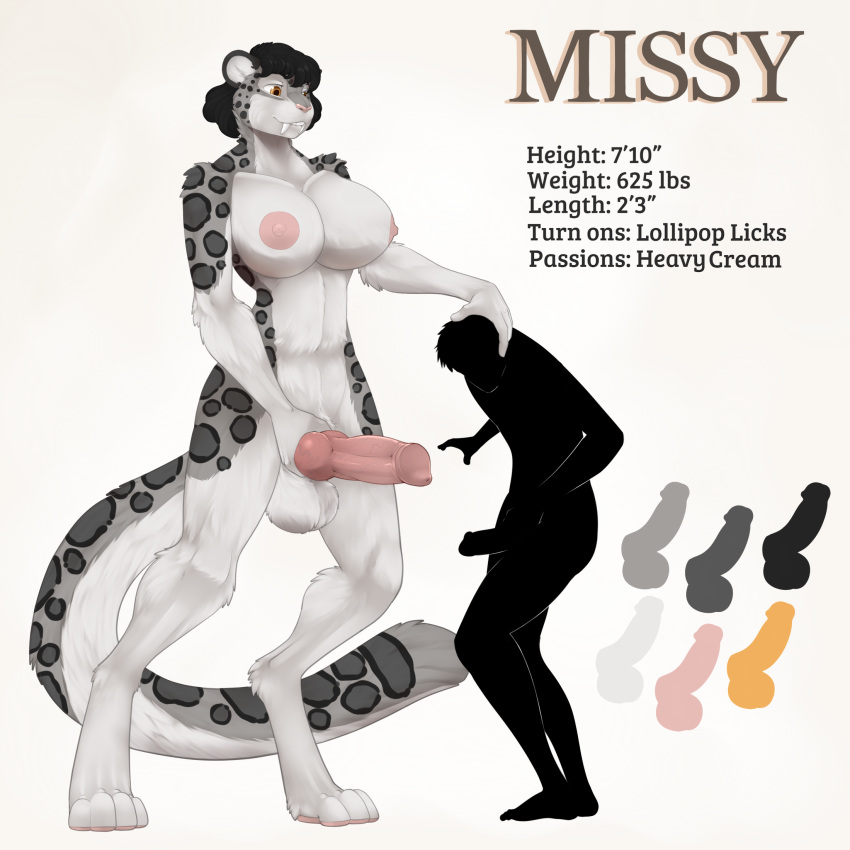 2018 4_toes anthro areola balls black_hair breasts dickgirl duo english_text fasttrack37d felid hair hi_res intersex knot male mammal model_sheet nipples nude pantherine penis pink_nose simple_background size_difference snow_leopard text toes