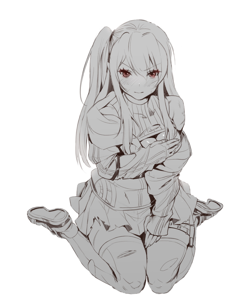 1girl absurdres blush breasts cleavage covering covering_breasts girls_frontline gloves greyscale hair_between_eyes highres jacket long_hair monochrome red_eyes shirt shoes side_ponytail simple_background skirt sm-1_(girls_frontline) sneakers solo sweat thighhighs torn_clothes torn_legwear torn_shirt uronte very_long_hair