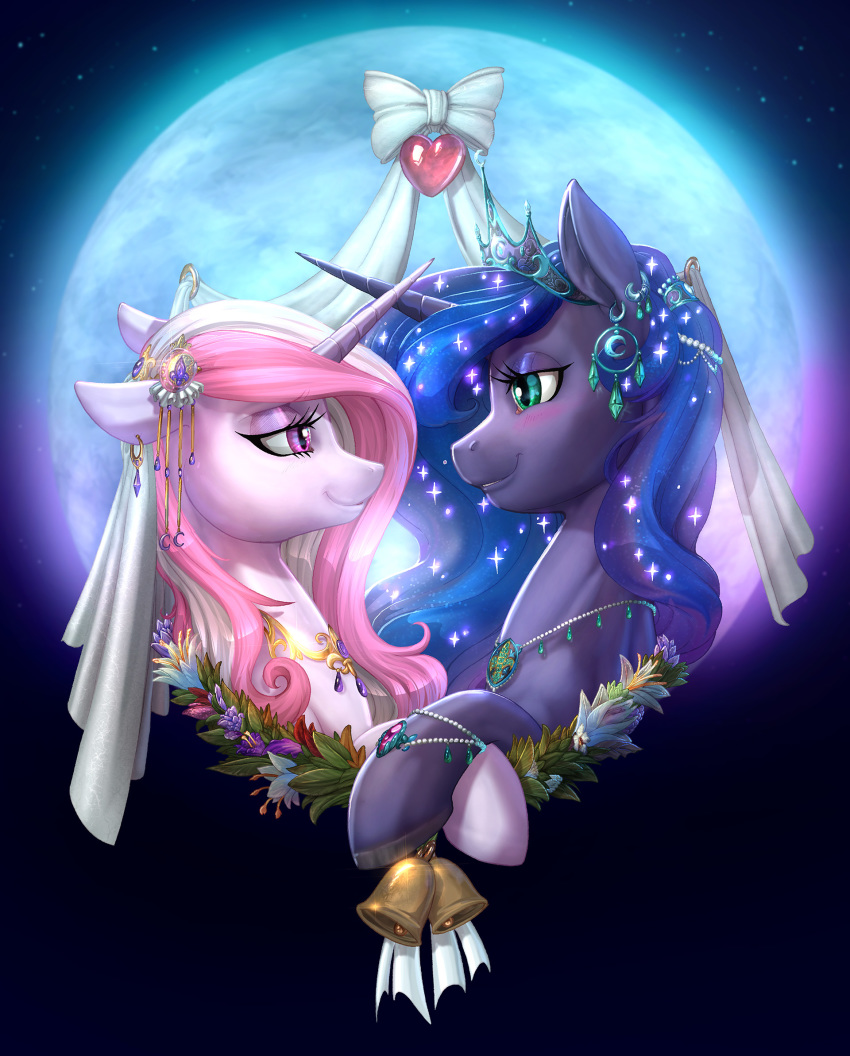 &lt;3 bell blue_eyes blush bracelet duo equid eyeshadow female fleur_de_lis_(mlp) friendship_is_magic horn jewelry longinius makeup mammal my_little_pony necklace night piercing pink_eyeshadow princess_luna_(mlp) purple_eyes star unicorn vest_(artist) wedding