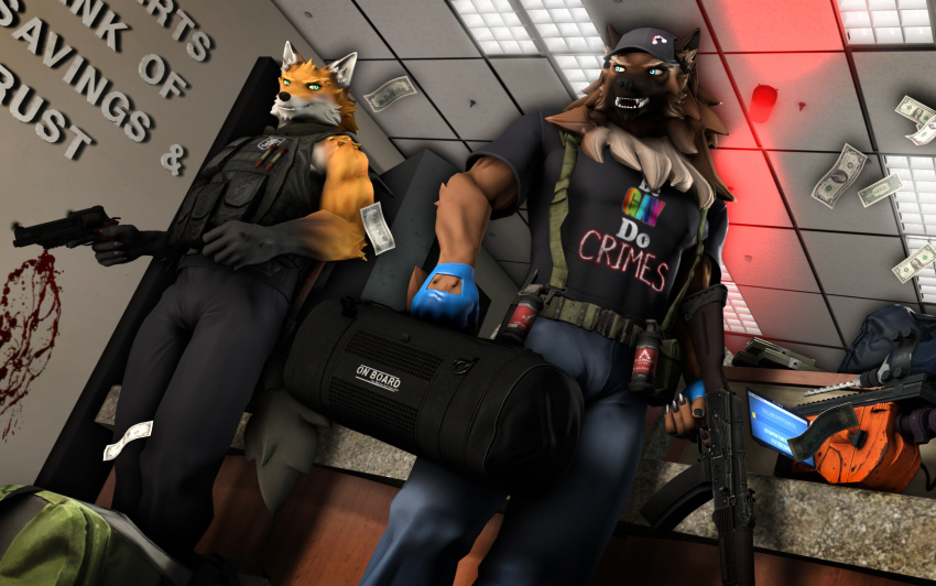 3d_(artwork) bank canid canine canis clothed clothing digital_media_(artwork) duo fox gun handgun hi_res humor male mammal money muetank open_mouth ranged_weapon ranged_weapons source_filmmaker standing weapon wolf