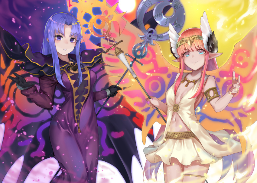 2girls armlet aunt_and_niece black_gloves blue_eyes blue_hair breasts breasts_apart cape caster circe_(fate/grand_order) circlet commentary_request dress fate/grand_order fate_(series) gloves head_wings holding holding_staff komainu_(yamaha1997) long_dress long_hair looking_at_viewer medium_breasts multiple_girls pink_hair pixiv_fate/grand_order_contest_2 pointy_ears purple_dress purple_eyes skirt sleeveless small_breasts smile staff white_skirt wings