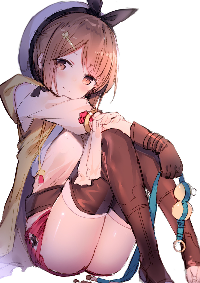 1girl absurdres atelier_(series) atelier_ryza bangs belt blush boots breasts brown_eyes brown_gloves brown_hair brown_legwear closed_mouth clover_hair_ornament eyebrows_visible_through_hair flask full_body gloves hair_between_eyes hair_ornament hairclip hat head_tilt highres holding_arm jewelry looking_at_viewer red_shorts reisalin_stout shirt short_hair short_shorts shorts sidelocks simple_background sitting skindentation smile solo thigh_boots thighhighs thighs vest white_headwear white_shirt yukarite