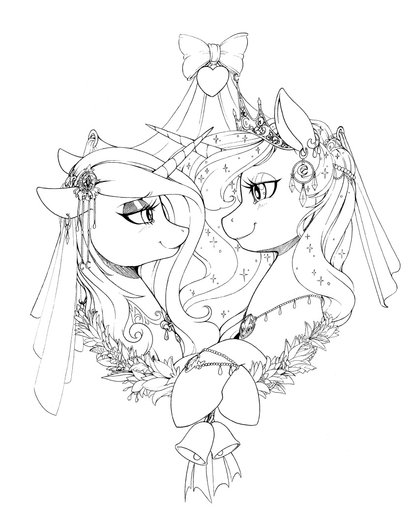 &lt;3 blush bracelet duo equid eyeshadow female fleur_de_lis_(mlp) friendship_is_magic horn jewelry longinius makeup mammal monochrome my_little_pony necklace piercing princess_luna_(mlp) unicorn wedding