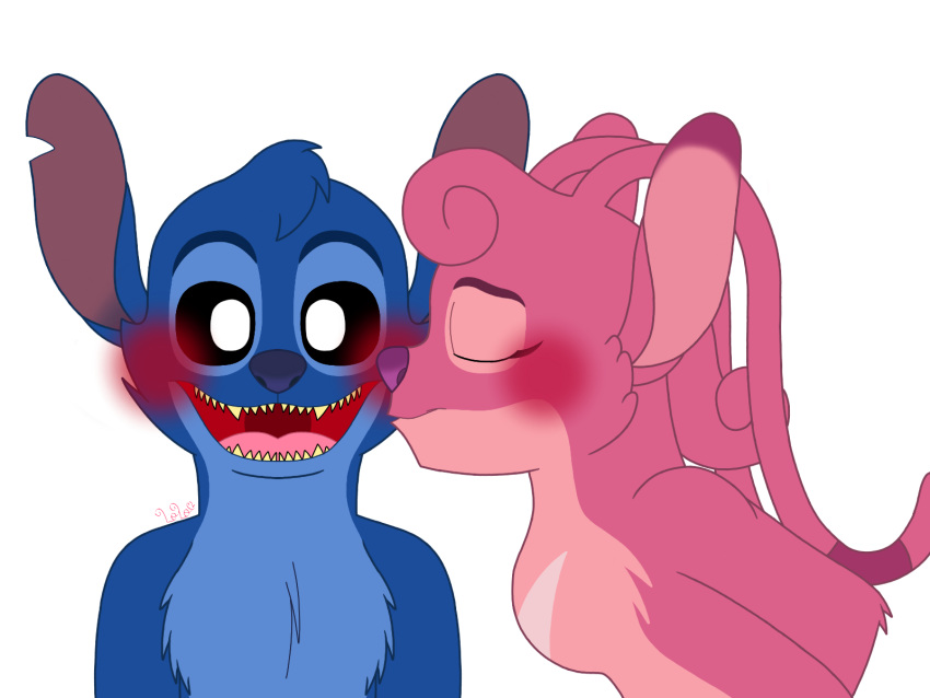 2019 4:3 alien angel_(lilo_and_stitch) antennae_(anatomy) black_eyes blue_nose blush chest_markings chest_tuft digital_media_(artwork) disney duo experiment_(species) eyelashes eyes_closed fur happy head_tuft hi_res kissing leaning leaning_forward lilo_and_stitch loloheartwolf looking_at_viewer markings notched_ear open_mouth open_smile pink_fur purple_nose sharp_teeth signature simple_background smile stitch teeth tuft white_background white_pupils