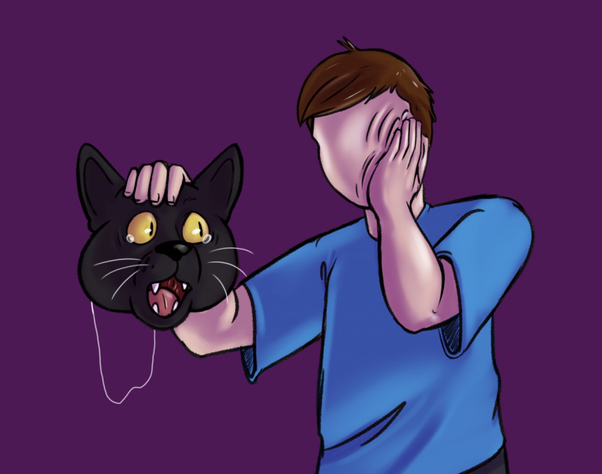 5_fingers black_fur bodily_fluids body_horror clothed clothing crying domestic_cat faceless felid feline felis fully_clothed fur holding_object human male mammal mask open_mouth purple_background simple_background slit_pupils solo stripes- tears transformation what whiskers yellow_sclera