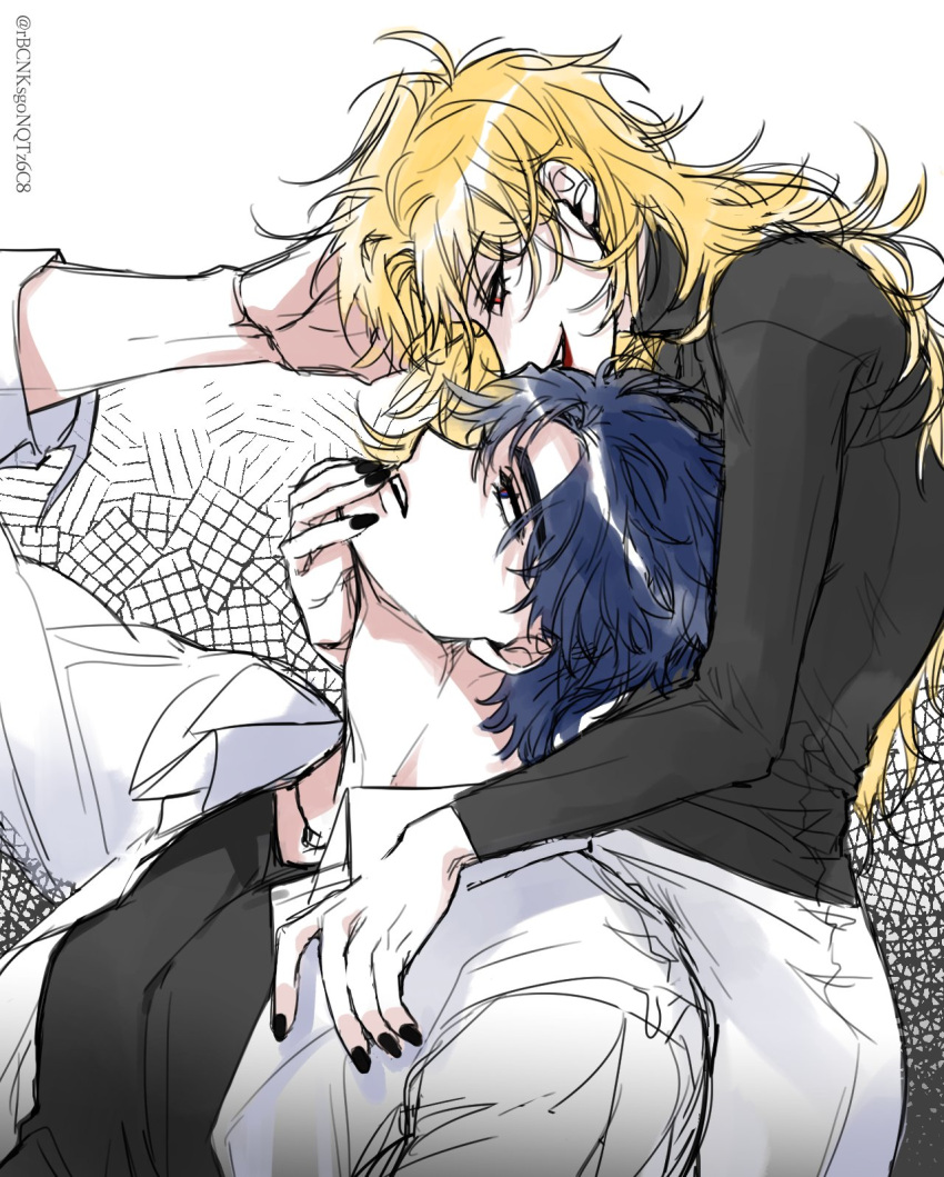 1boy 1girl bishounen black_nails blonde_hair blue_eyes blue_hair dio_brando genderswap genderswap_(mtf) highres jojo_no_kimyou_na_bouken jonathan_joestar long_hair multiple_boys phantom_blood rbcnksgonqtz6c8 red_eyes smile
