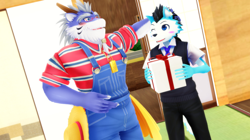 16:9 2019 3d_(artwork) 5_fingers anthro beard black_hair blue_eyes blue_fur canid canine canis digital_media_(artwork) dragon duo eyewear facial_hair fur gift glasses hair happy horn kemono male malicekira mammal mature_male ponytail rou_kemonone shiki_taigen white_fur white_hair wolf