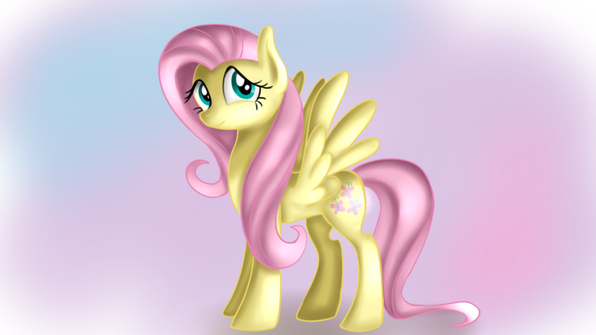 16:9 2019 blue_eyes cutie_mark equid equine feathered_wings feathers feral fluttershy_(mlp) friendship_is_magic gradient_background hair jbond long_hair looking_at_viewer mammal my_little_pony pink_hair pterippus simple_background smile solo wings