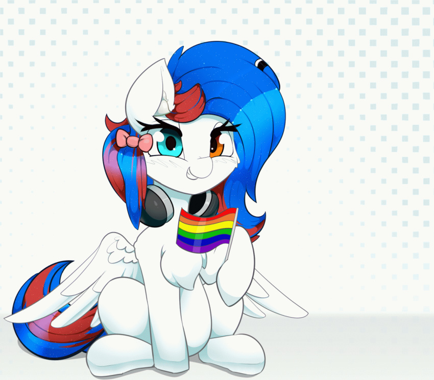 2019 animated equid equine fan_character feathered_wings feathers female feral flag grin headphones heterochromia hi_res lgbt_pride looking_at_viewer mammal my_little_pony n0nnny pterippus smile solo white_feathers wings