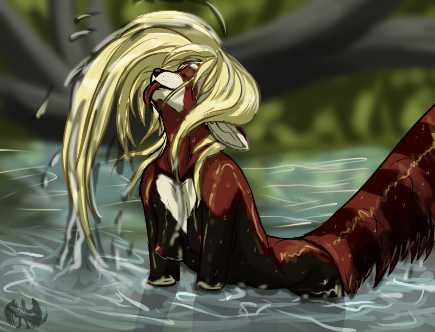 absurd_res ailurid anthro blonde_hair breasts dreyk-daro female fluffy fluffy_tail fur hair hi_res kasumi long_hair mammal nipples partially_submerged red_panda smile solo swim tongue tongue_out water wet