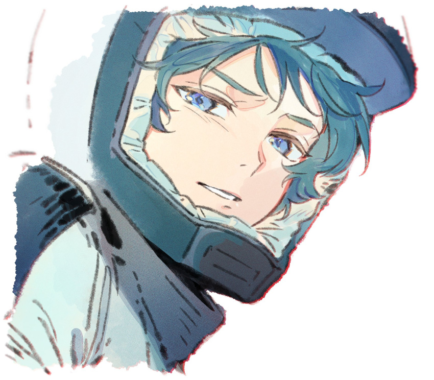 1boy blue_eyes blue_hair cropped_shoulders gundam helmet highres kamille_bidan light_smile looking_at_viewer male_focus parted_lips short_hair simple_background solo space_helmet spacesuit uneven_eyes white_background xing_20 zeta_gundam