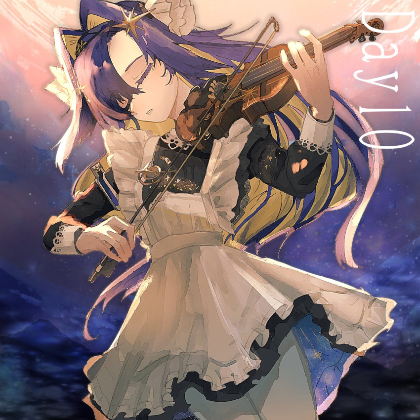 1girl apron black_dress black_hairband blonde_hair blue_background blue_hair bow_(music) closed_eyes cowboy_shot dress gradient_background hair_intakes hair_ornament hairband hands_up highres holding holding_bow_(music) holding_instrument holding_violin instrument juliet_sleeves long_hair long_sleeves music ogi_ogi_0gi pantyhose parted_lips playing_instrument puffy_sleeves reverse:1999 school_uniform short_dress solo soviet_school_uniform star_(symbol) star_hair_ornament violin voyager_(reverse:1999) white_apron white_pantyhose