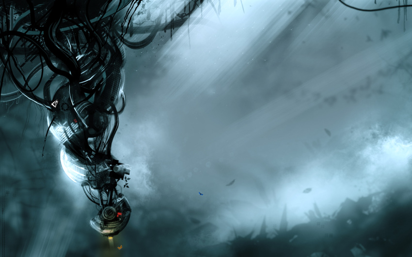 bug cable cloud dark floating gavade glados glowing helmet highres light_rays machinery moth no_humans plant portal_(series) robot scenery science_fiction solo sunbeam sunlight