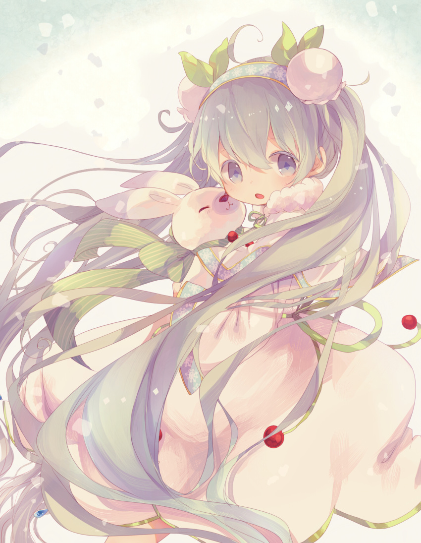 1girl :3 animal aqua_eyes aqua_hair bubble_skirt bunny capelet cherry coco_(hinatacoco) commentary cowboy_shot dress expressionless flower food fruit fur-trimmed_capelet fur_trim hair_flower hair_ornament hatsune_miku highres holding holding_animal light_blush long_hair looking_at_viewer neck_ribbon parted_lips ribbon skirt snow snowbell_(flower) snowflake_print striped striped_ribbon symbol_commentary twintails very_long_hair vocaloid white_dress yuki_miku_(2015) yukine_(vocaloid)