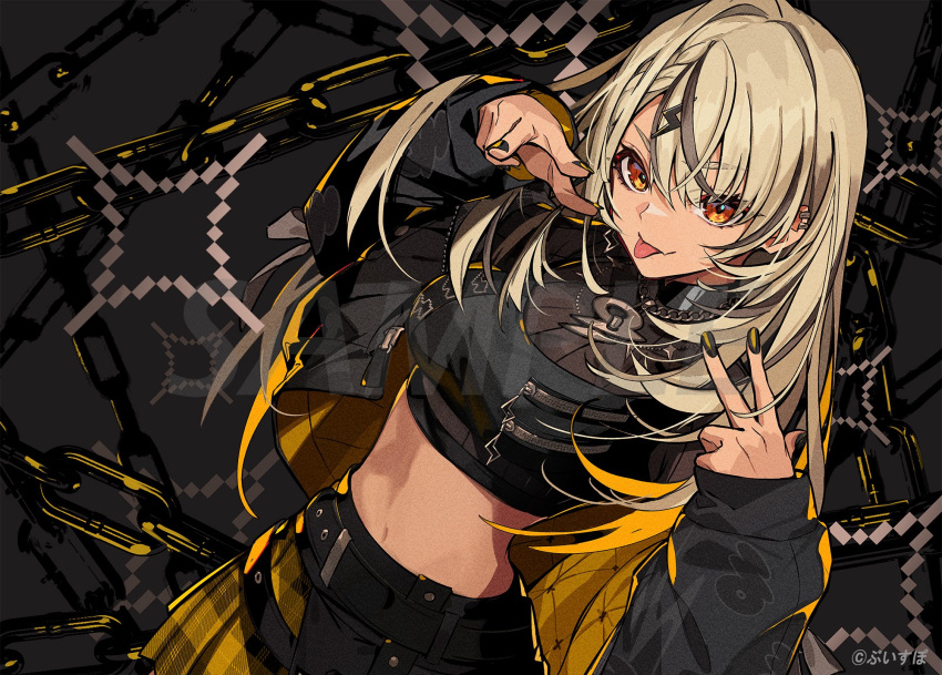1girl :p belt black_belt black_jacket black_nails black_shirt black_skirt blonde_hair braid chain chain_necklace copyright_name cowboy_shot cropped_shirt dark-skinned_female dark_skin double_v dutch_angle earrings hair_ornament highres jacket jewelry kaminari_qpi kaminari_qpi_(5th_costume) lightning_bolt_hair_ornament lightning_bolt_symbol long_hair looking_at_viewer midriff multicolored_jacket multicolored_nails multicolored_skirt necklace official_alternate_costume orange_eyes plaid_clothes plaid_skirt pokimari sample_watermark shirt skirt sleeves_past_wrists solo tongue tongue_out v virtual_youtuber vspo! watermark yellow_jacket yellow_nails yellow_skirt zipper zipper_pull_tab