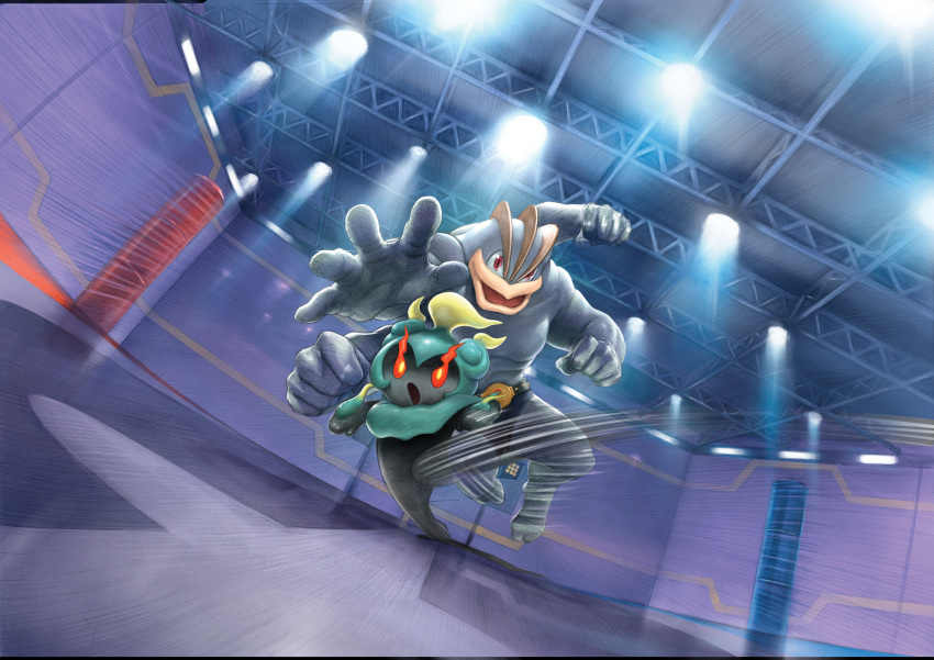 2019 5_fingers absurd_res action_pose ambiguous_gender biped duo ghost hi_res humanoid kick larger_male legendary_pok&eacute;mon machamp male marshadow motion_lines muscular muscular_male nintendo not_furry official_art pok&eacute;mon pok&eacute;mon_(species) pok&eacute;mon_tcg pose red_eyes size_difference spirit unknown_artist video_games