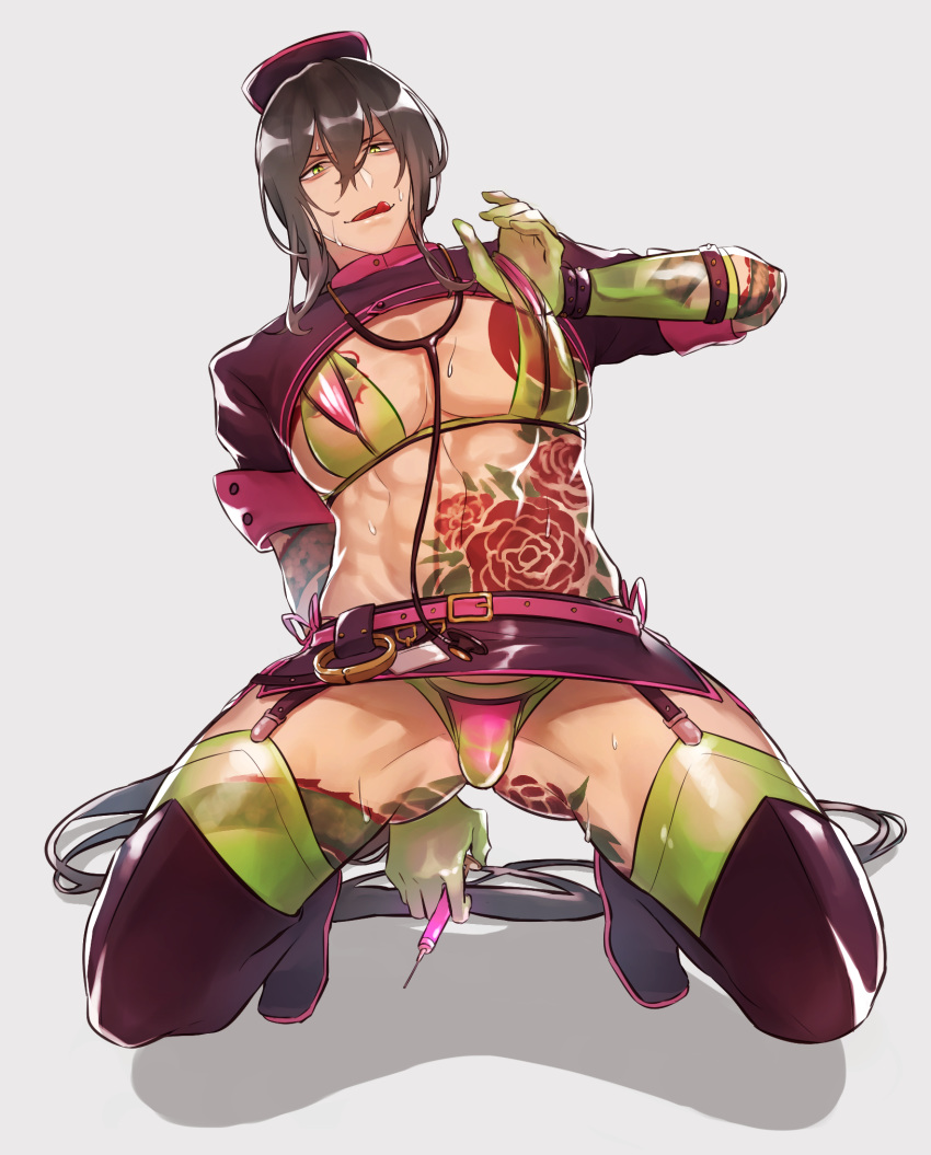 1boy belt bikini black_footwear boots bulge cosplay fate_(series) florence_nightingale_(fate/grand_order) florence_nightingale_(fate/grand_order)_(cosplay) flower_tattoo gloves green_bikini green_gloves green_legwear highres layered_bikini licking_lips long_hair miniskirt muscle navel revealing_clothes samuraisamurai see-through simple_background skirt squatting stethoscope sweat swimsuit syringe tattoo thigh_boots thighhighs thighs tongue tongue_out wristband yan_qing_(fate/grand_order)