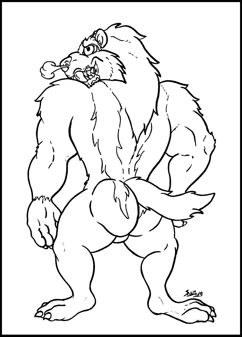 absurd_res backview black_and_white bodily_fluids bubble_butt butt hi_res line_art looking_back male mammal monochrome muscular mustelid musteline saliva skianous teeth tiny_toon_adventures toony warner_brothers wolverine