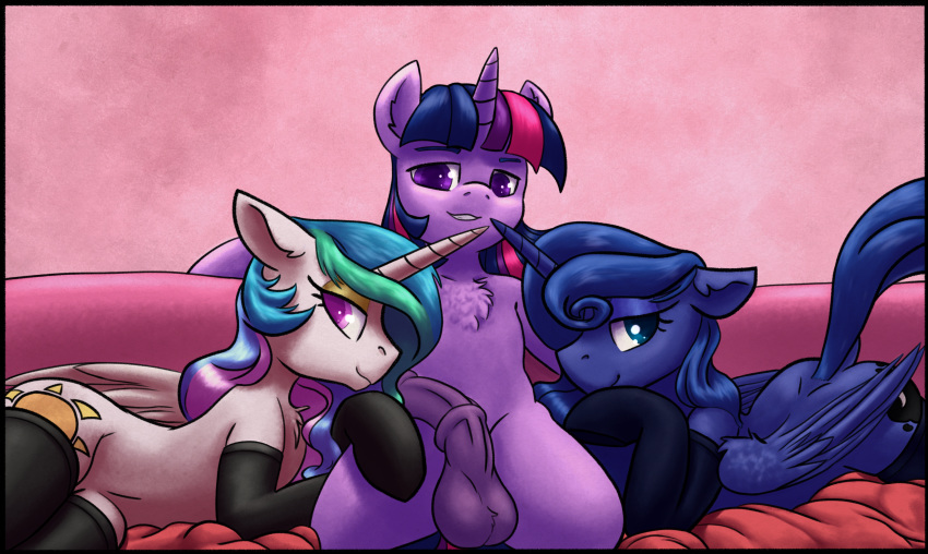 2019 animal_genitalia animal_penis balls chest_tuft chromaskunk clothing crossgender cutie_mark equid equine_penis eyeshadow female friendship_is_magic group hi_res horn legwear looking_at_viewer makeup mammal my_little_pony penis princess_celestia_(mlp) princess_luna_(mlp) purple_eyes purple_penis sibling sister sisters smile tuft twilight_sparkle_(mlp) unicorn winged_unicorn wings yoditax