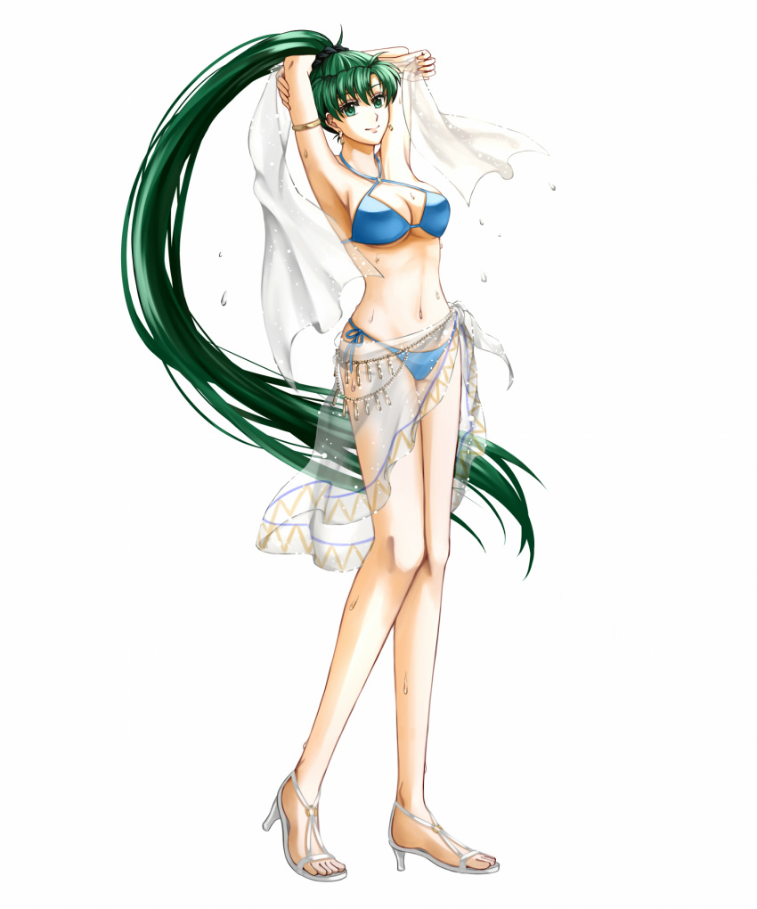 1girl alternate_costume bikini blue_bikini breasts cleavage delsaber earrings fire_emblem fire_emblem:_rekka_no_ken green_eyes green_hair high_heels highres jewelry long_hair looking_at_viewer lyndis_(fire_emblem) navel ponytail see-through smile swimsuit water_drop