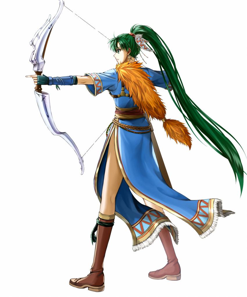 1girl blue_dress boots delsaber dress earrings fingerless_gloves fire_emblem fire_emblem:_rekka_no_ken fire_emblem_heroes fur_capelet gloves green_eyes green_hair highres jewelry long_hair looking_to_the_side lyndis_(fire_emblem) ponytail profile