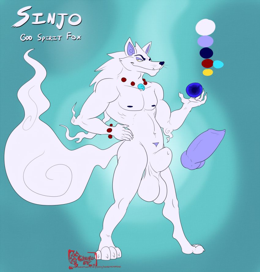 2019 4_toes animal_genitalia anthro balls big_balls blue_nose canid canine erection eyebrows fox fully_sheathed fur ghost grey_penis grin hair hand_on_hip hi_res hungothenomster looking_aside magic male mammal model_sheet nipples nude penis sheath sinjo_(hungothenomster) smile solo spirit standing thick_penis toes whiskers white_fur white_hair white_skin yellow_eyes