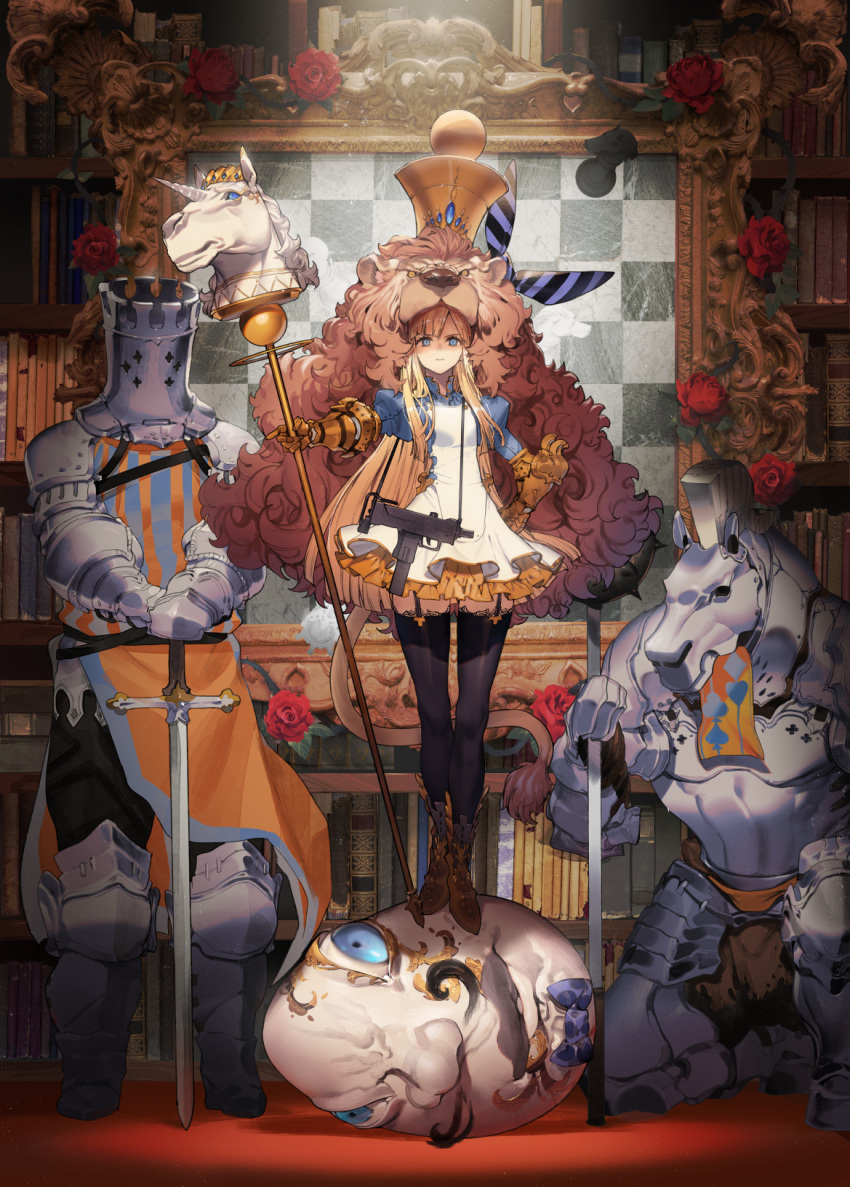 1girl alice_(grimms_notes) alice_(sinoalice) alice_(wonderland) alice_garnet_nakata blue_eyes board_game boots chess chess_piece chessboard dress flower gun hair_ribbon highres long_hair machine_gun ribbon rose ryota-h sword tail very_long_hair weapon